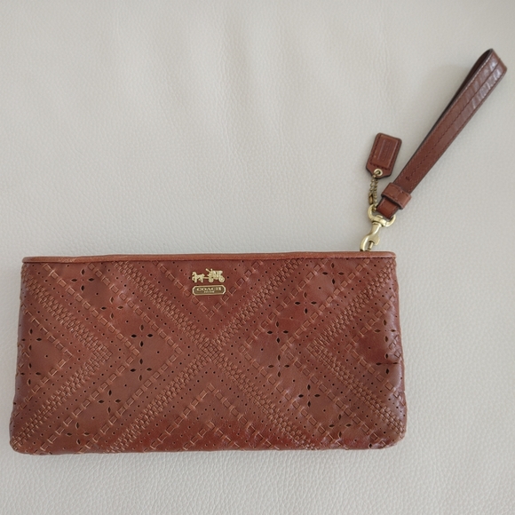 Coach Leather Wristlet with Laser Cut Detail - Rich Brown - OS - Picture 1 of 8